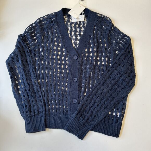 Elle Grey Womens Angora Crochet Cardigan Sz M/L Navy Boho Cottagecore Dainty NWT - Picture 1 of 11